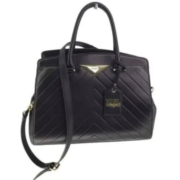 Karl Lagerfeld Handbag Black Quilted Leather Large Sized Bag Handles Strap - Picture 1 of 6